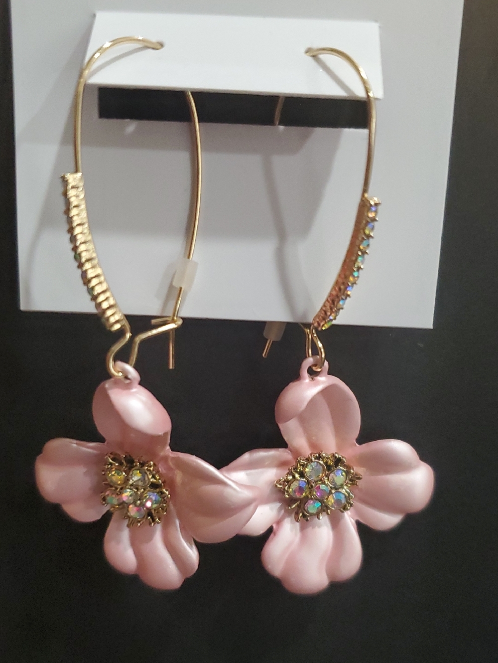Betsey Johnson gold plated pink Flower crystal studded pave dangling earrings